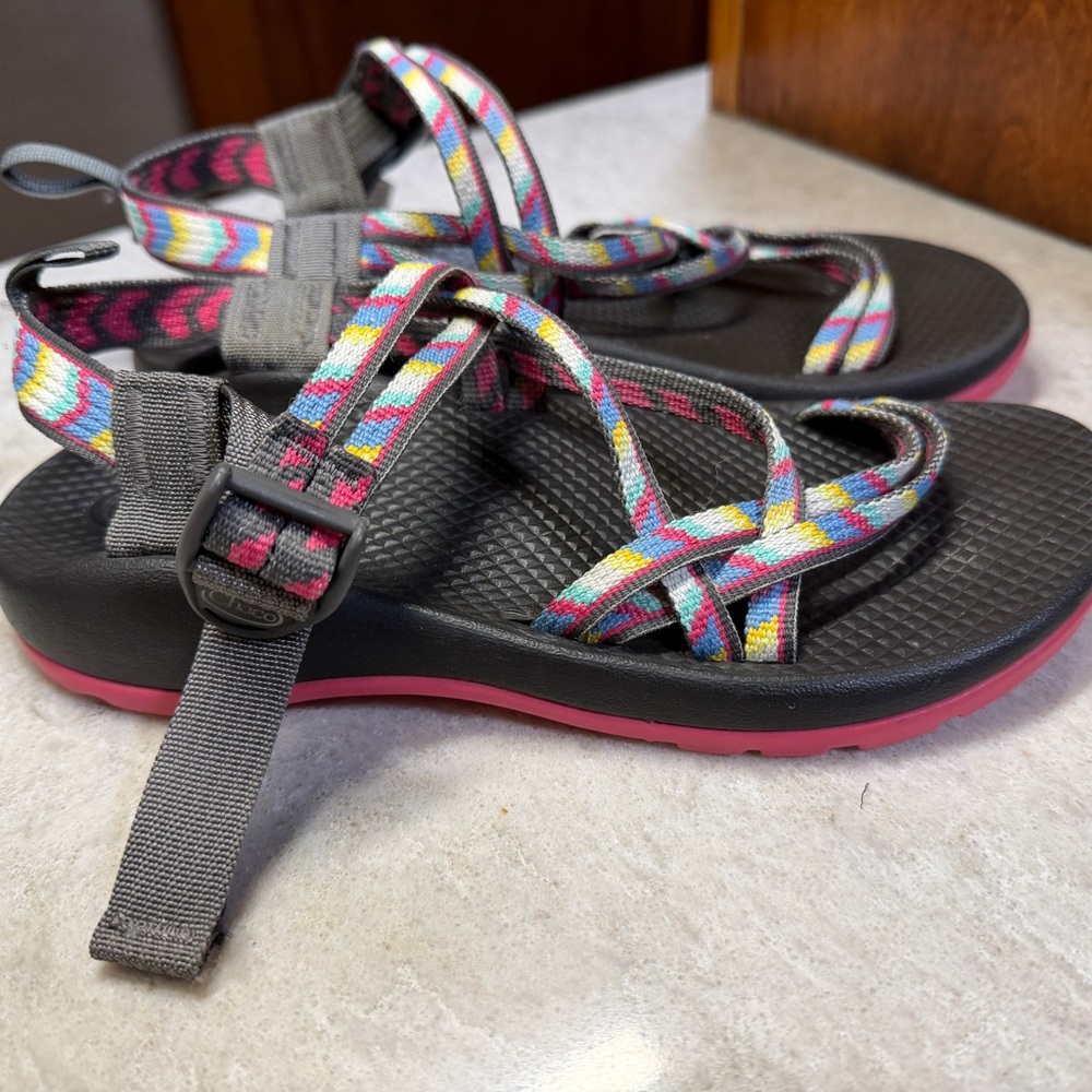 Chaco Colorful Strappy Sandals with Pink Soles. Size 5